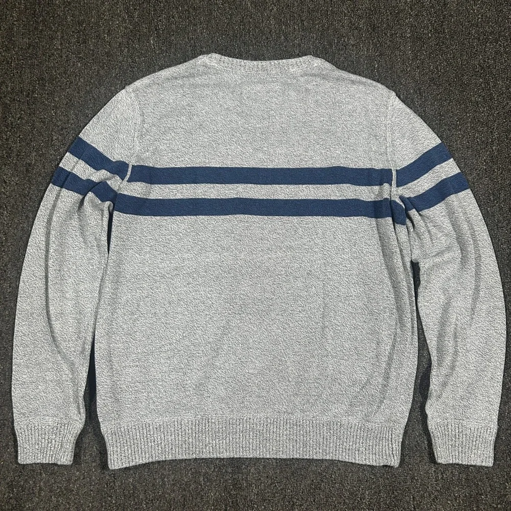 American Eagle Sweater Mens Large Gray Navy Striped Cotton Crewneck Excellent